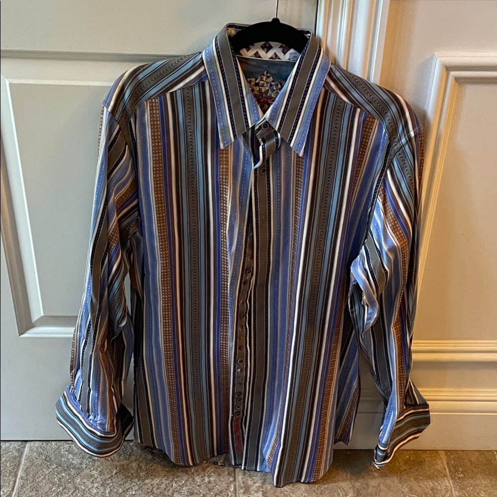 Robert Graham Blue and Brown Striped Shirt
